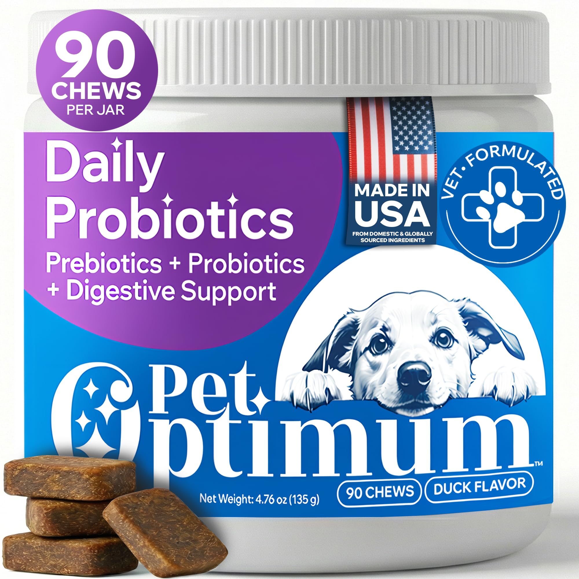 PETOPTIMUM duck-flavored-probiotic-chews showing tasty daily treats that may support gut health