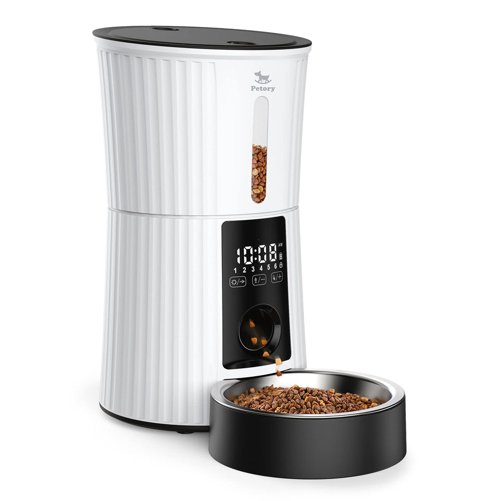 Petory automatic cat feeder shows 4L capacity for steady meal scheduling.