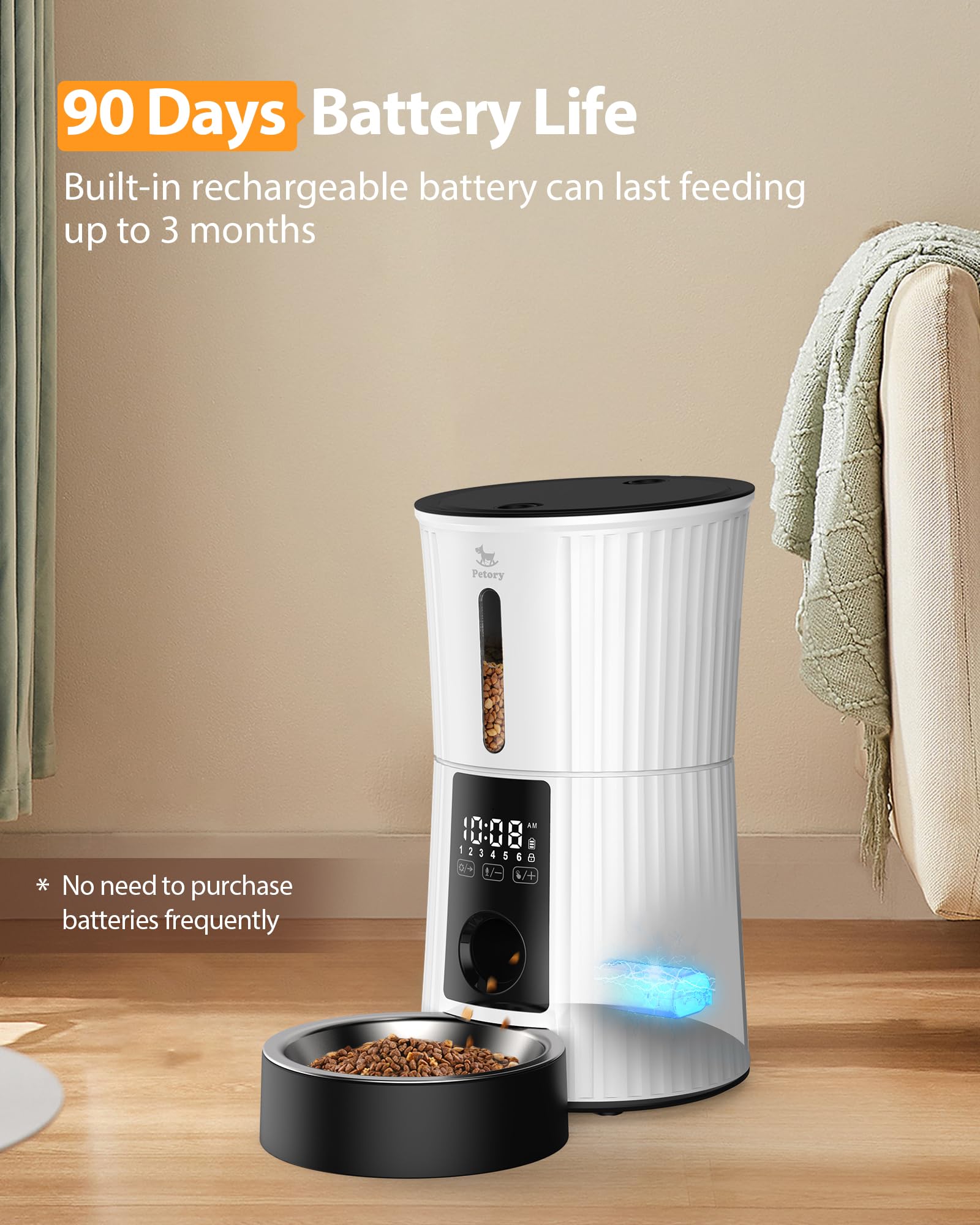 Petory automatic cat feeder includes desiccant bag to keep kibble fresh longer.