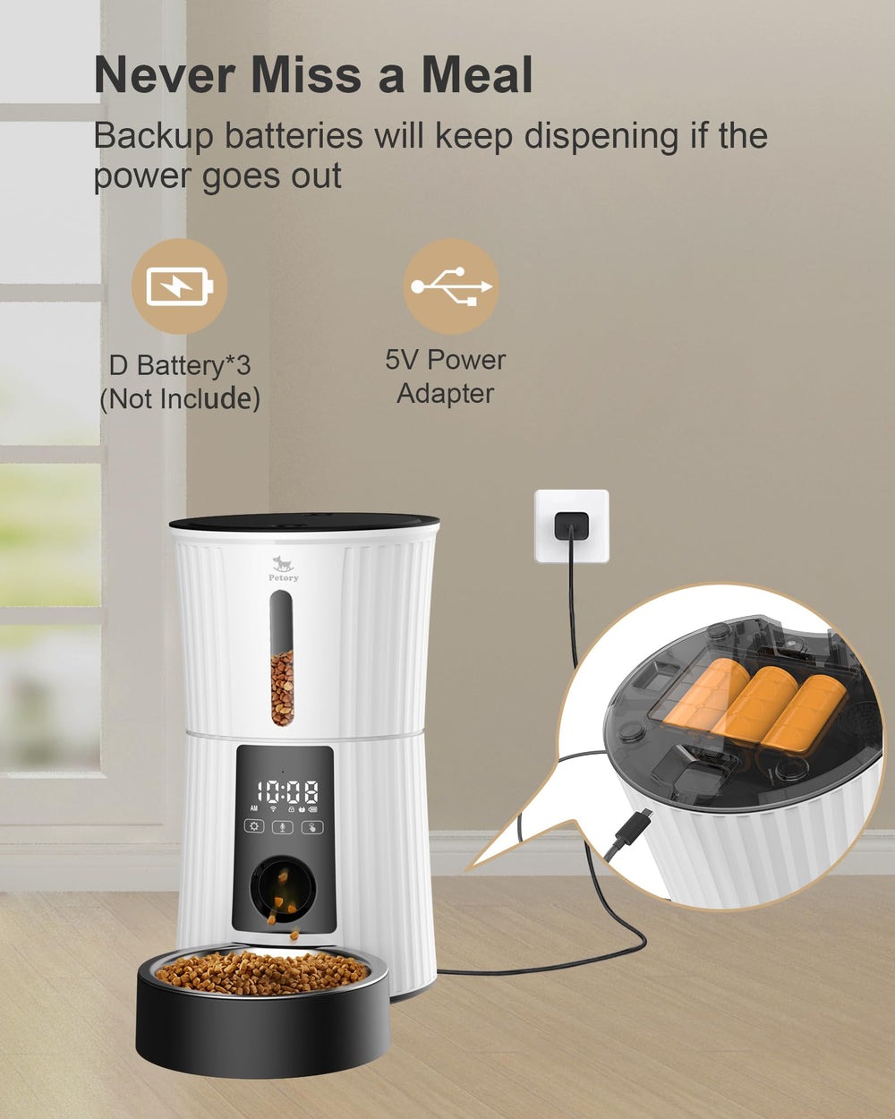 Petory easy-clean-hopper image highlights dishwasher-safe parts for maintenance.