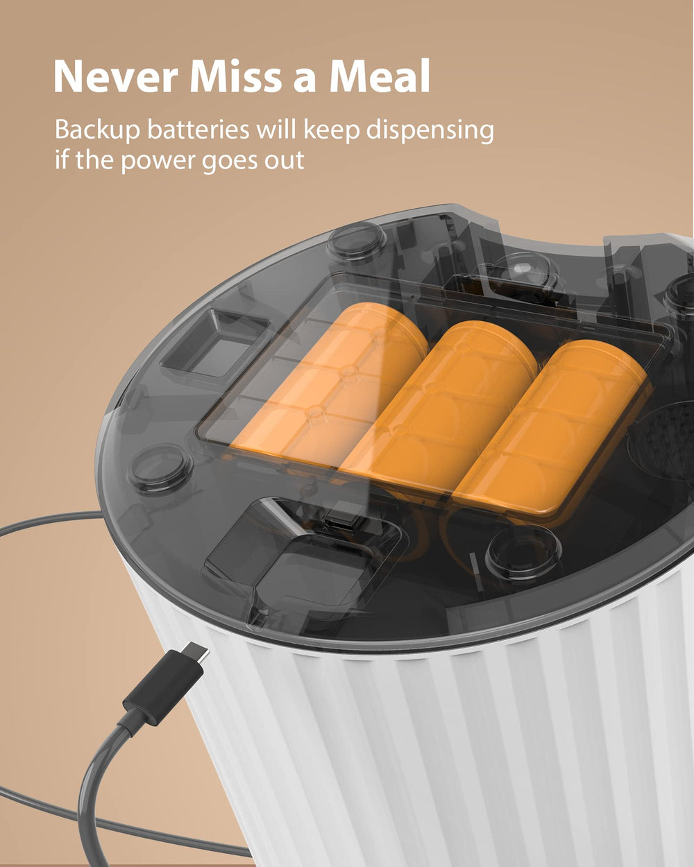 Petory Timed Feeder Dual Power ensures meals dispense even during power outages.