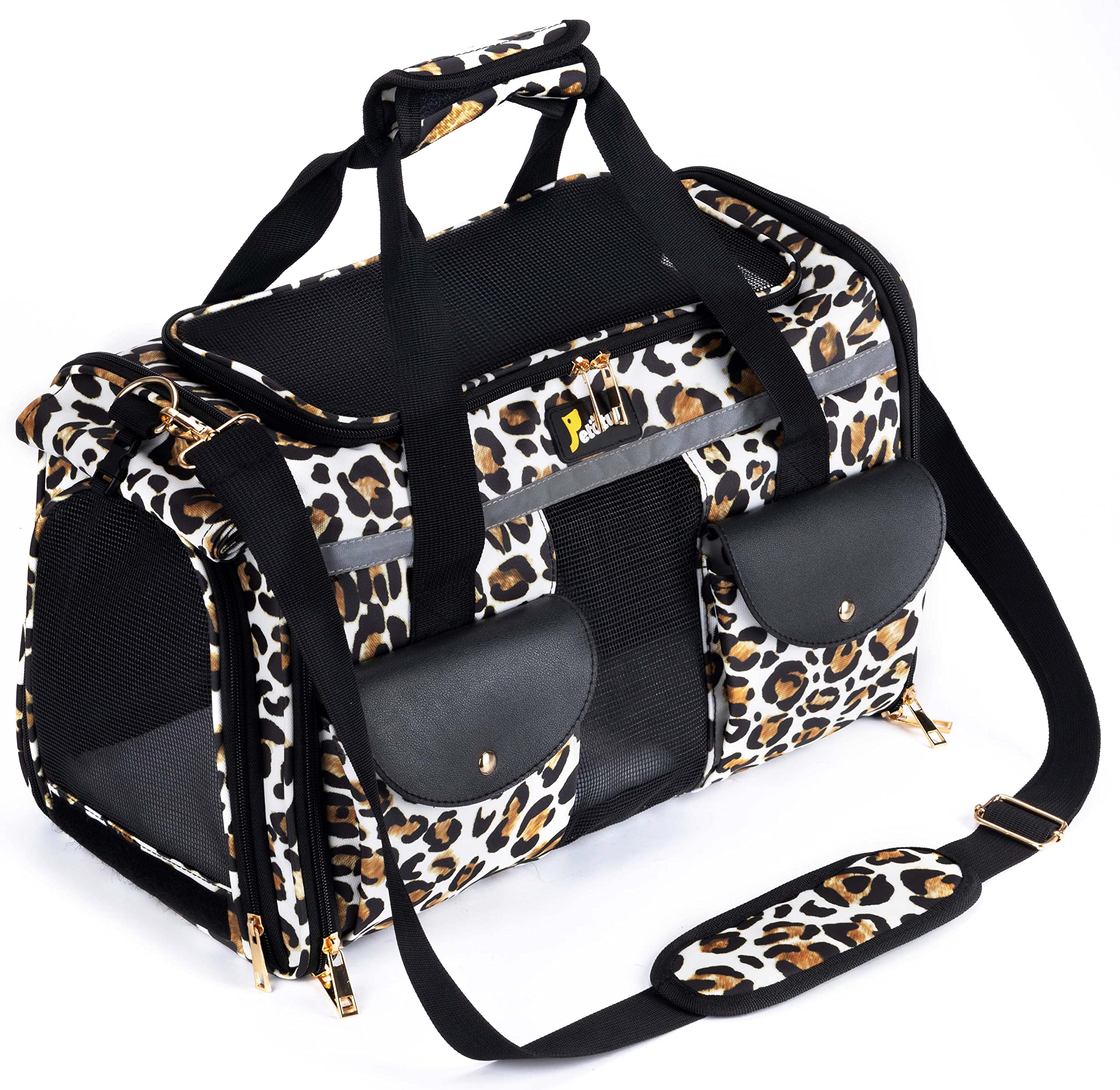 Petotw leopard soft-sided carrier top view showing roomy interior and soft padding for comfort