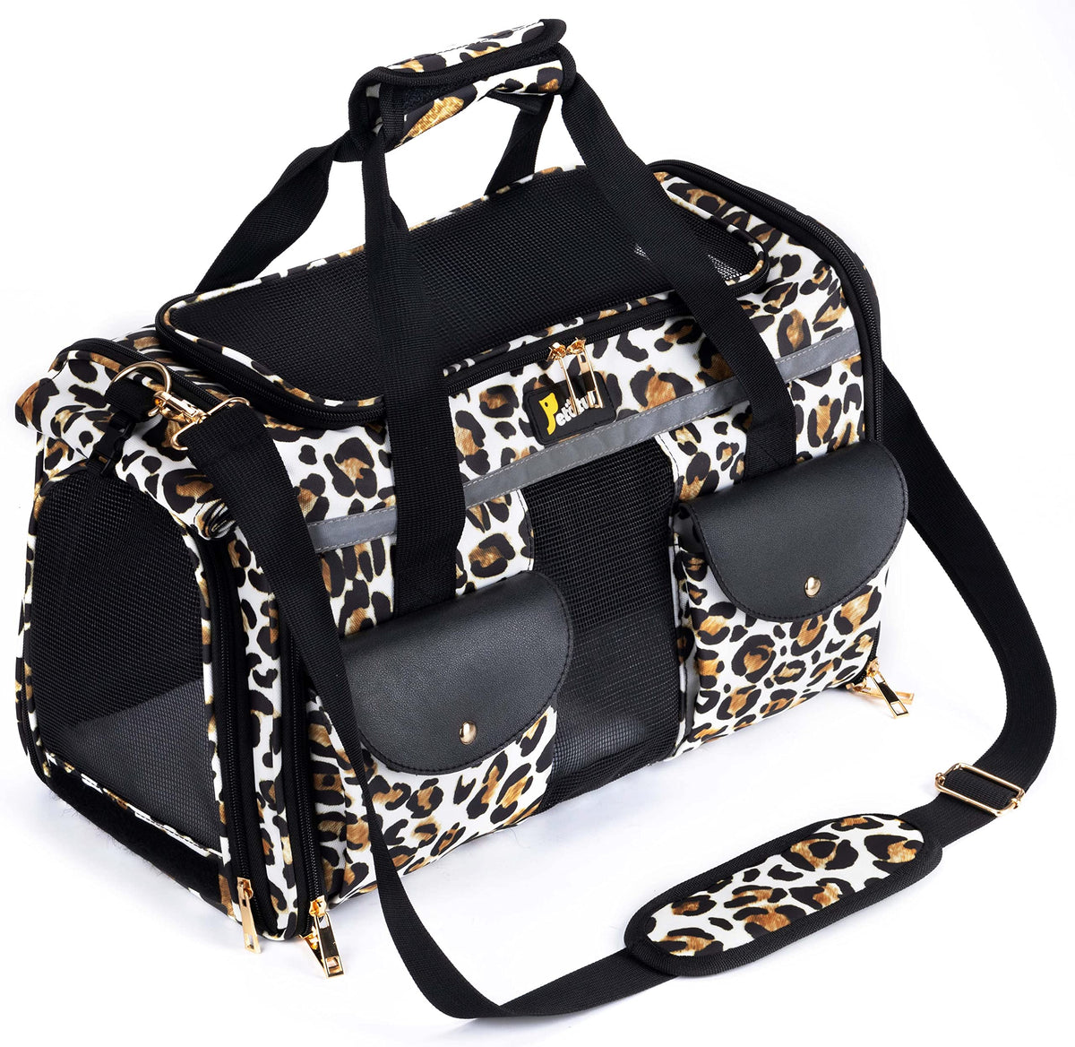 Petotw leopard soft-sided carrier top view showing roomy interior and soft padding for comfort