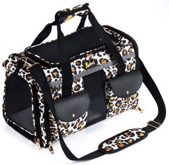 Petotw leopard soft-sided carrier top view showing roomy interior and soft padding for comfort
