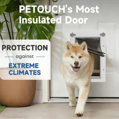 PETOUCH dog door with telescoping tunnel adapts to door thickness for secure installation.