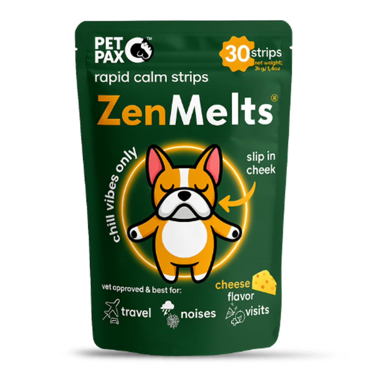 PetPax Co Calming Strips for dogs with cheese flavor promote calmer behavior during stress.