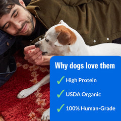 PetPlate beef bites texture close-up emphasizes high-protein, grain-free dog treats for all life stages.