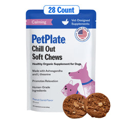PetPlate Chill Out Soft Chews jar front shows organic ingredients for relaxation support.