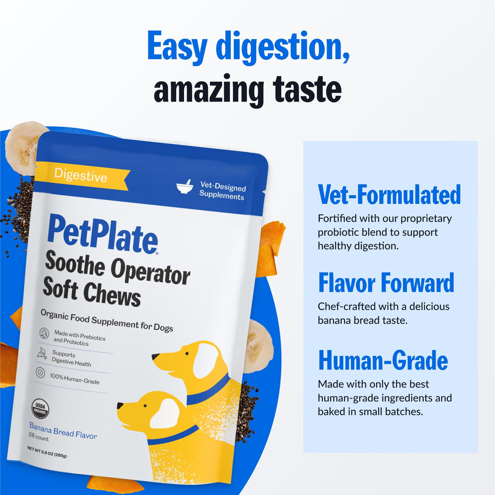 PetPlate grain-free dog supplement packaging signals allergen-friendly digestion support.