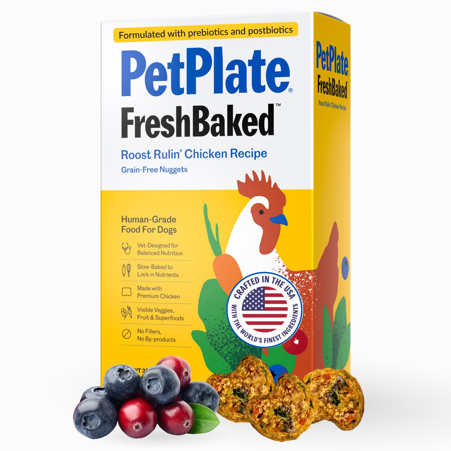 PetPlate Roost Rulin' Chicken bowl foreground displaying high-quality, grain-free dog food at mealtime.