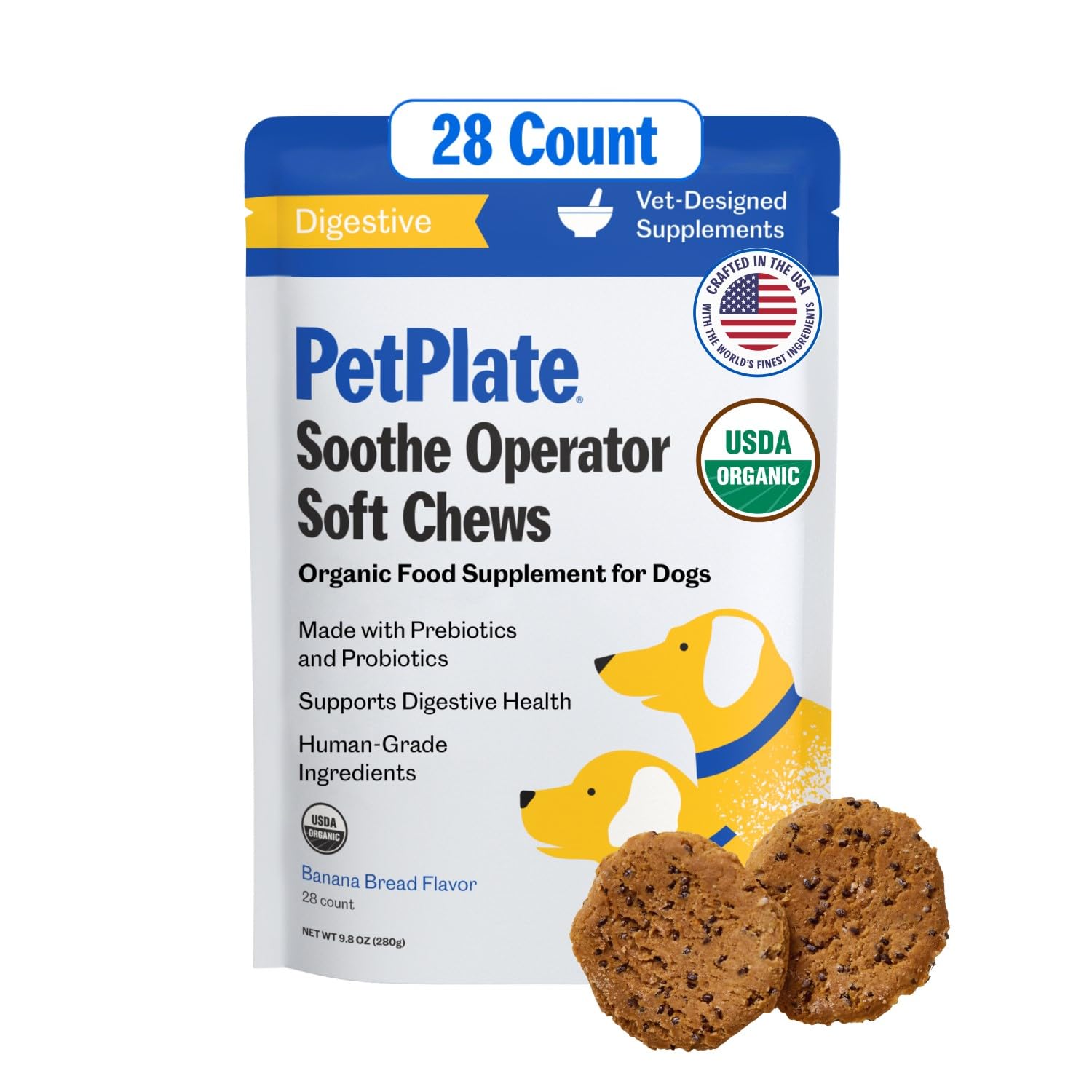 PetPlate Soothe Operater bottle product image highlights probiotic gut support for dogs.