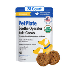 PetPlate Soothe Operater bottle product image highlights probiotic gut support for dogs.
