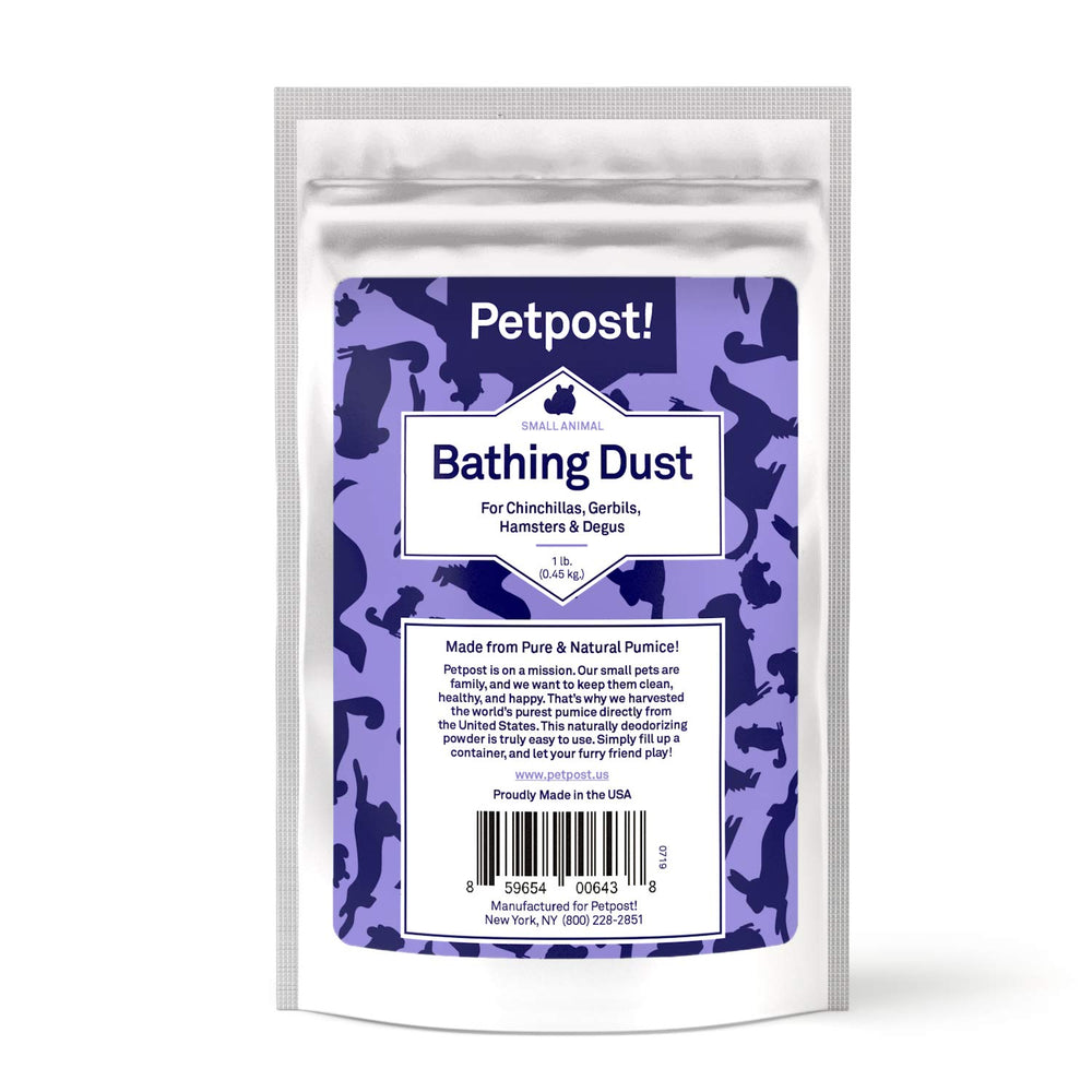 Petpost Chinchilla Bath Dust packaging shows 2.5 lb bag for clean, natural grooming.
