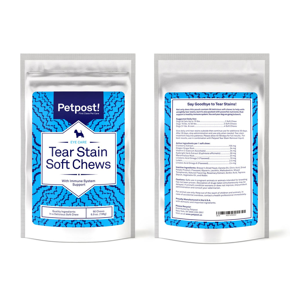 Petpost Tear Stain Remover Soft Chews close-up shows cheese flavor and herbal ingredients for daily eye care.