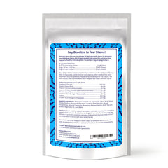 Petpost Tear Stain Remover Soft Chews on a dog's eyes before and after use shows potential stain reduction.