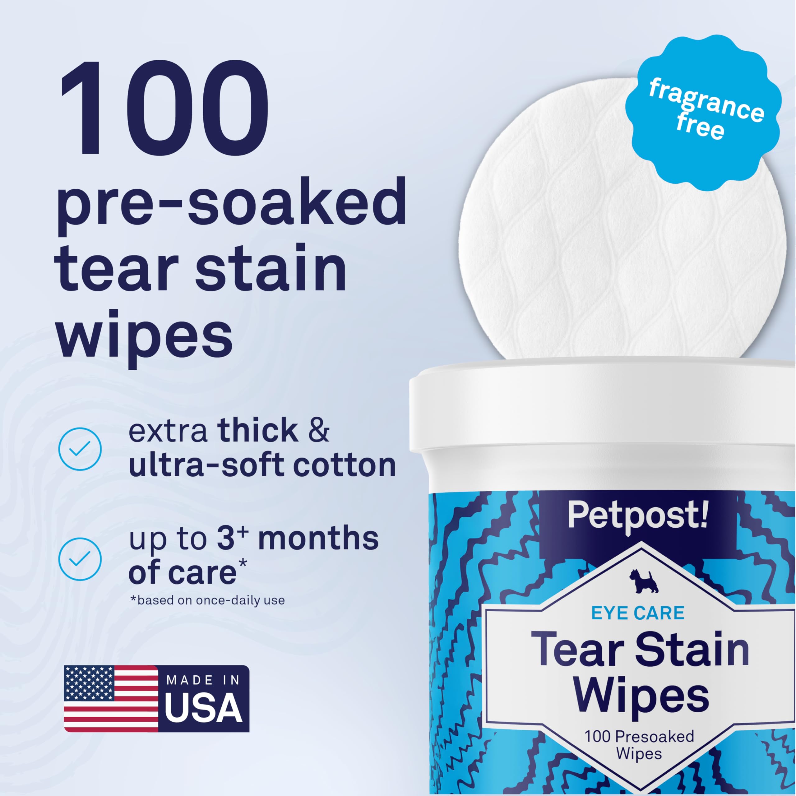 Petpost Tear Stain Remover Wipes eco-packaging emphasizes sustainability and pet care.