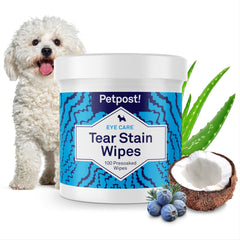 Petpost Tear Stain Remover Wipes packaging view highlights eco-friendly box for easy grooming.