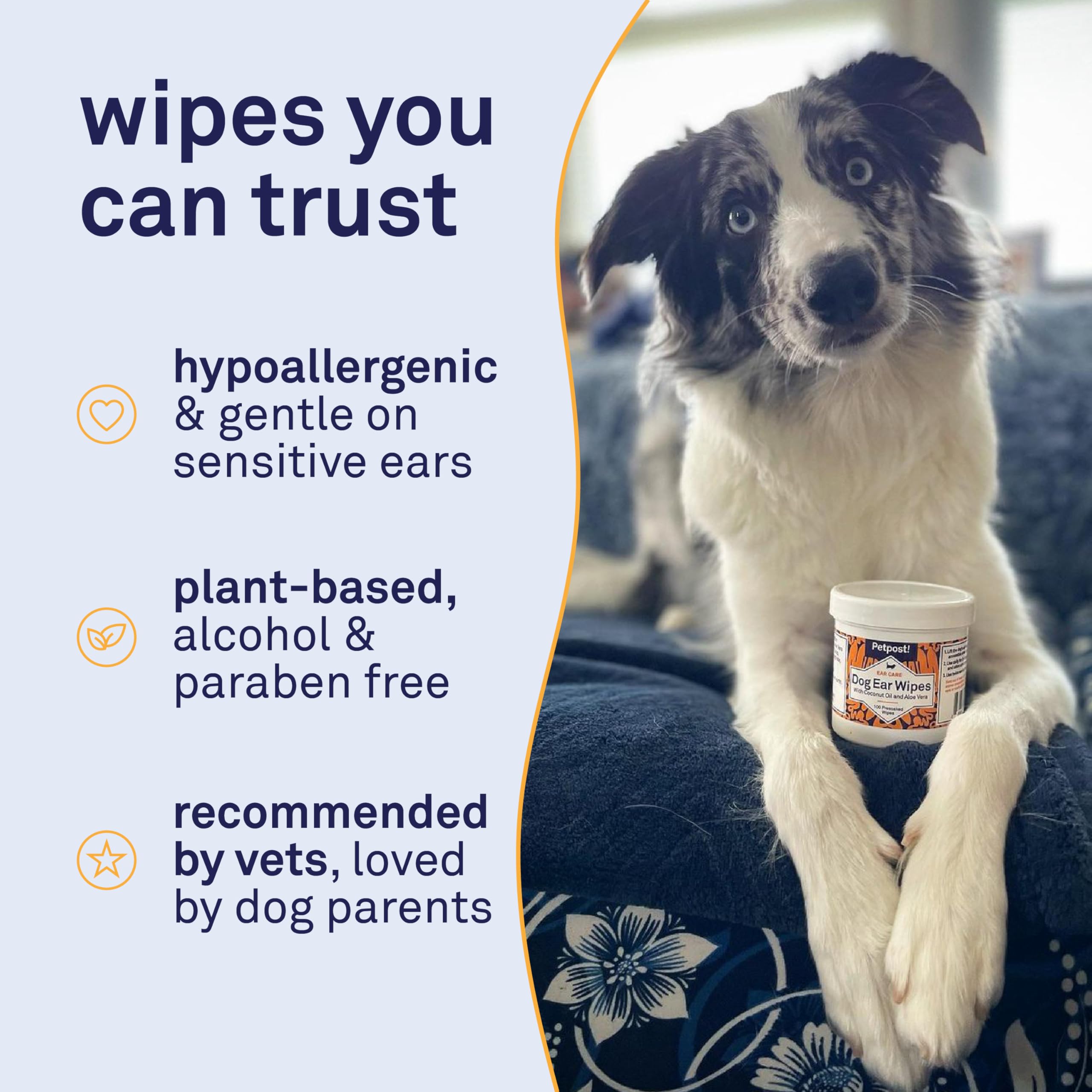 Petpost Wipes on dog ear during cleaning demonstrating easy application