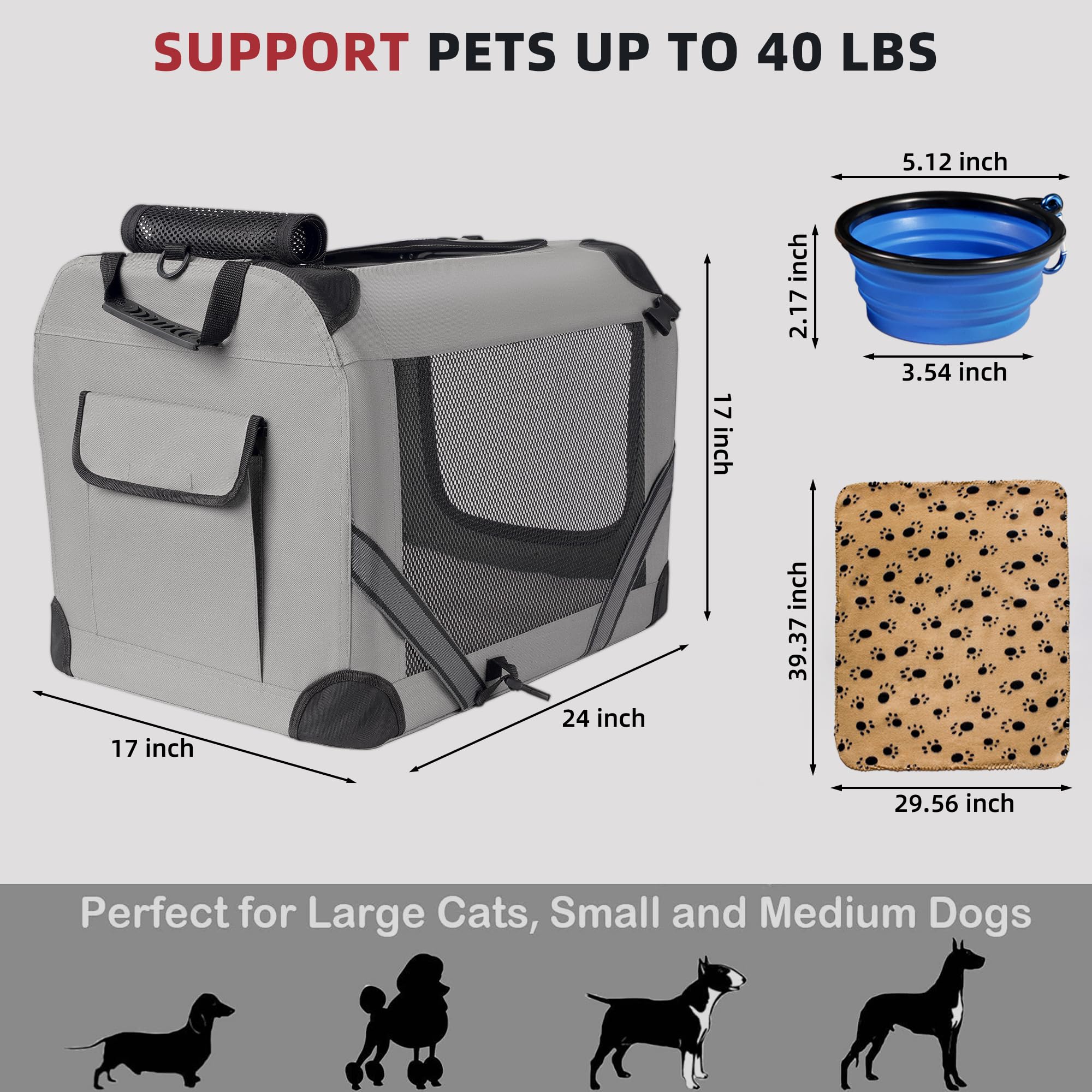 Petprsco large cat carrier accessories include plush pad blanket and bowl.