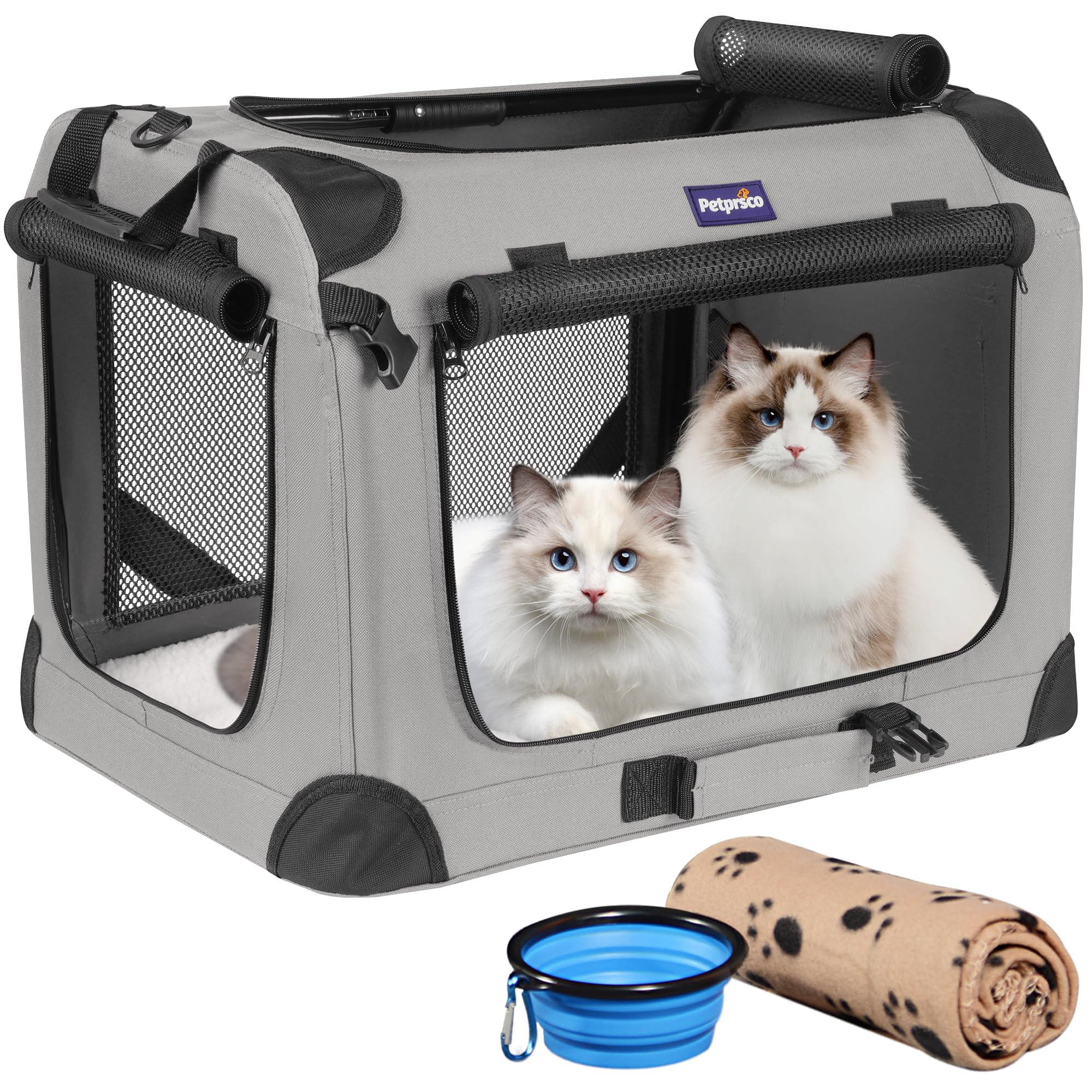 Petprsco large cat carrier setup demonstrates quick-fold design for easy travel.