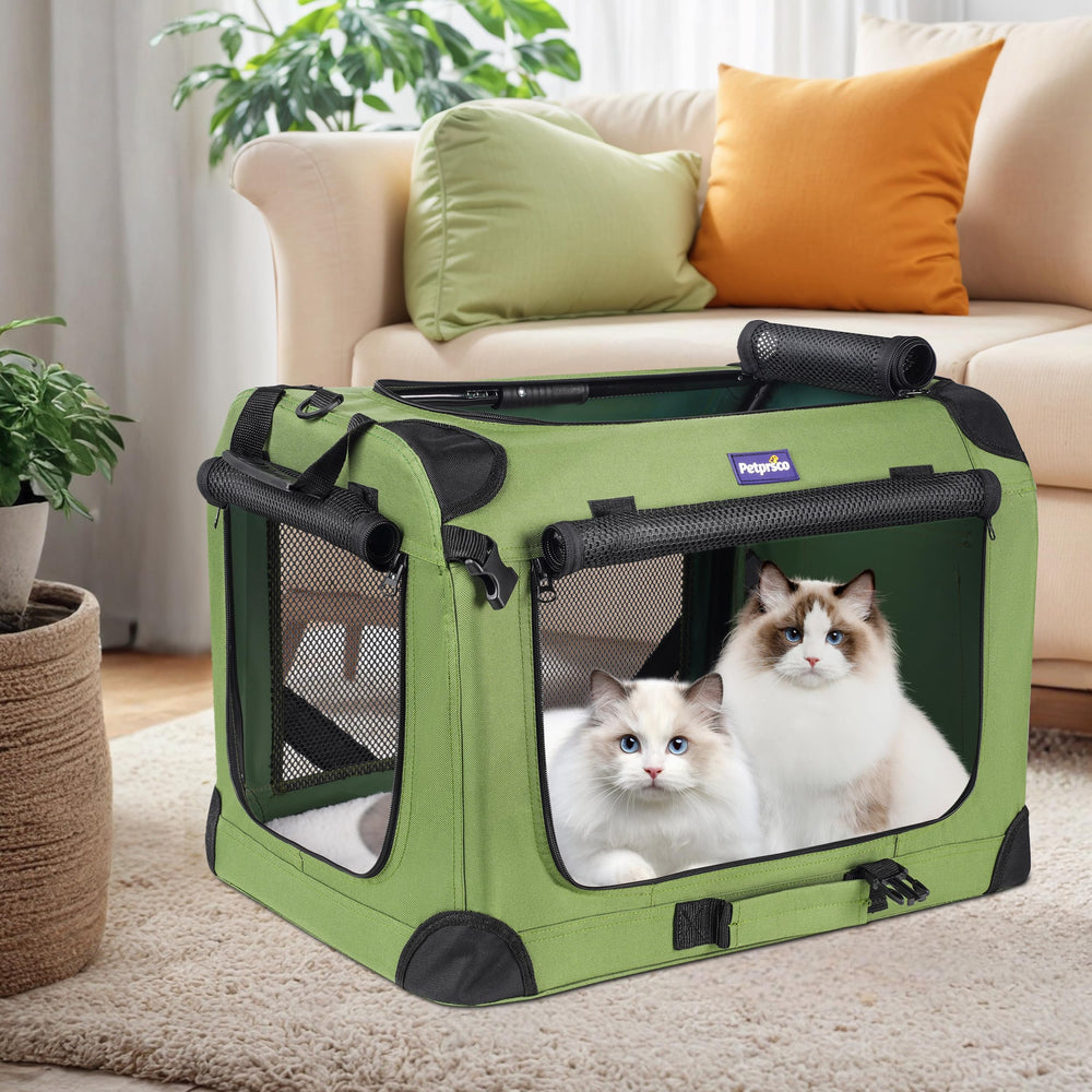 Petprsco large cat carrier side view shows foldable bowl and pockets