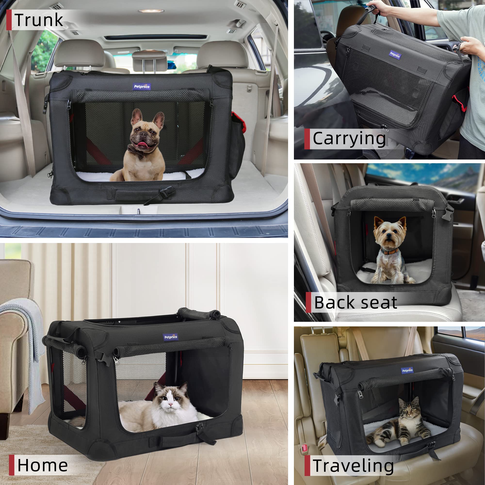 Petprsco carrier used as car seat or home crate for travel versatility.