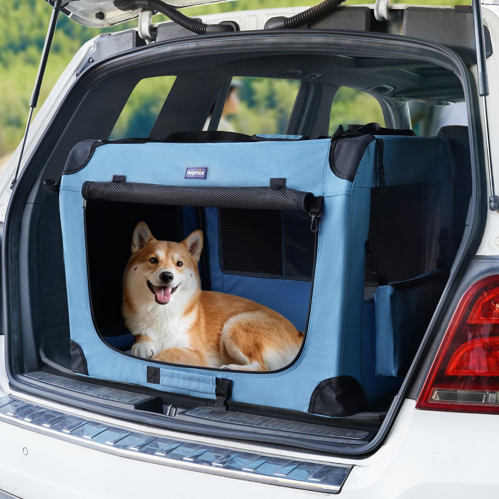Petprsco portable dog crate with foldable travel bowl accessory