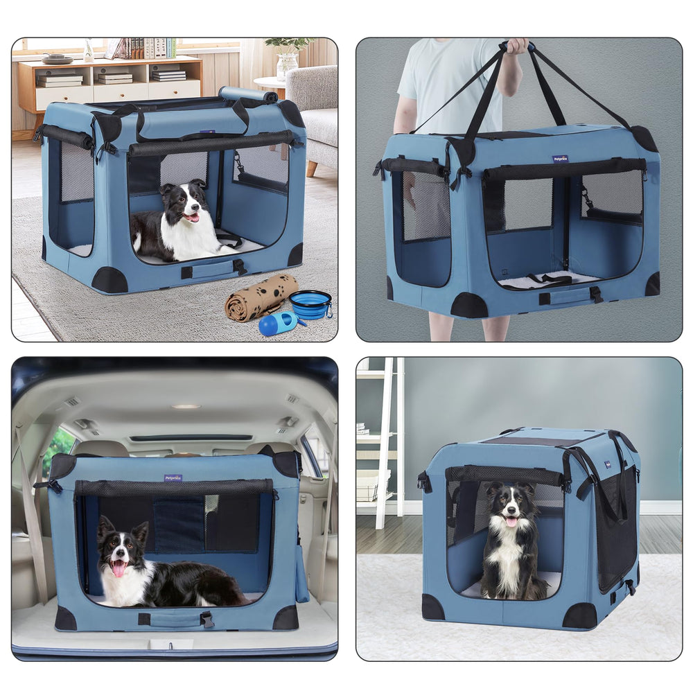 Petprsco portable dog crate side view shows sturdy frame and corner pads