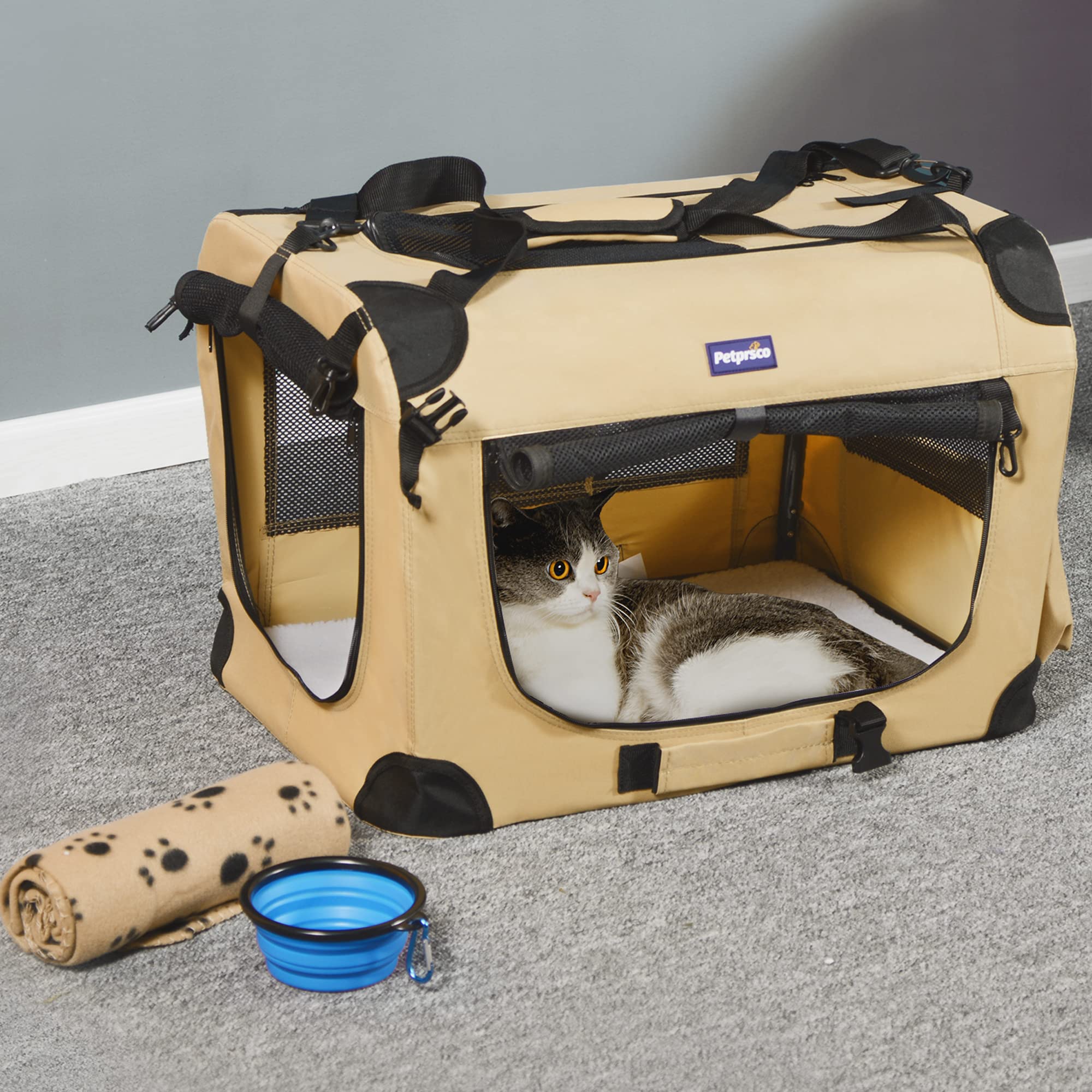 Petprsco travel dog crate folded for compact storage after a trip