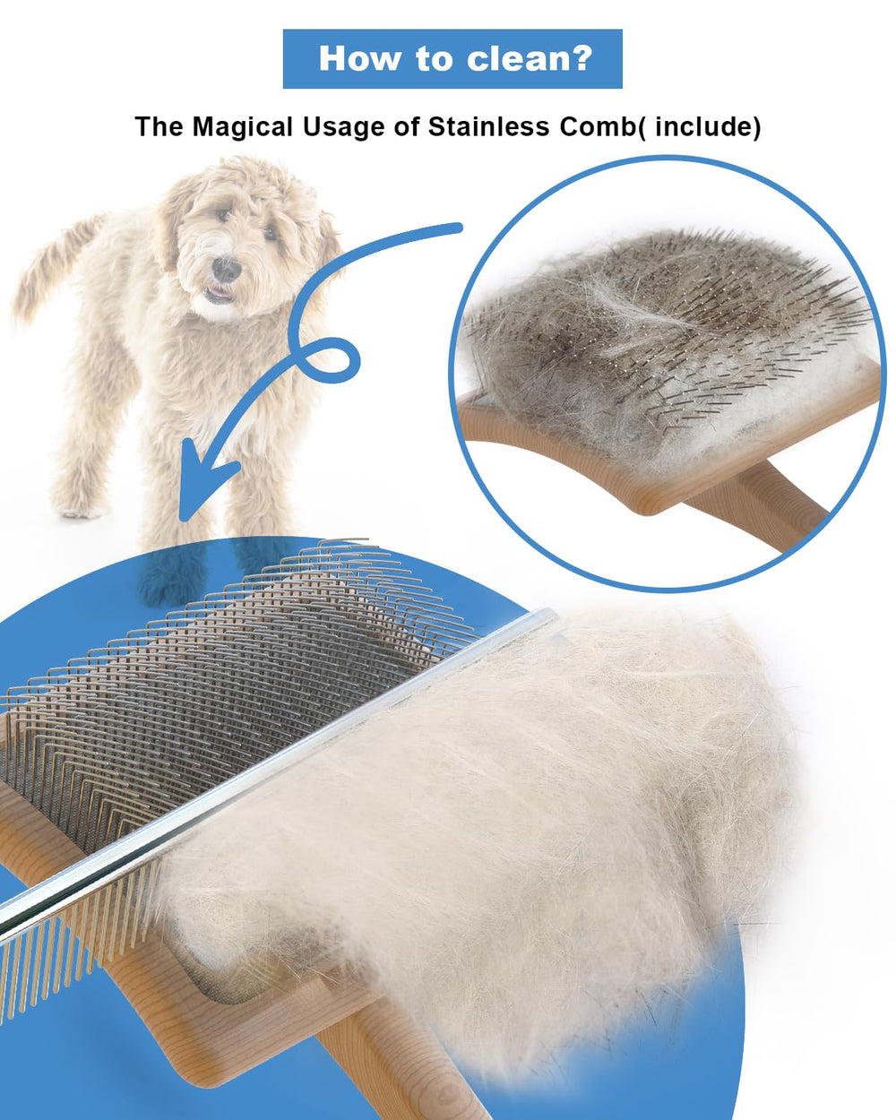 Petqueen brush with stainless steel comb for easy cleanup of hair