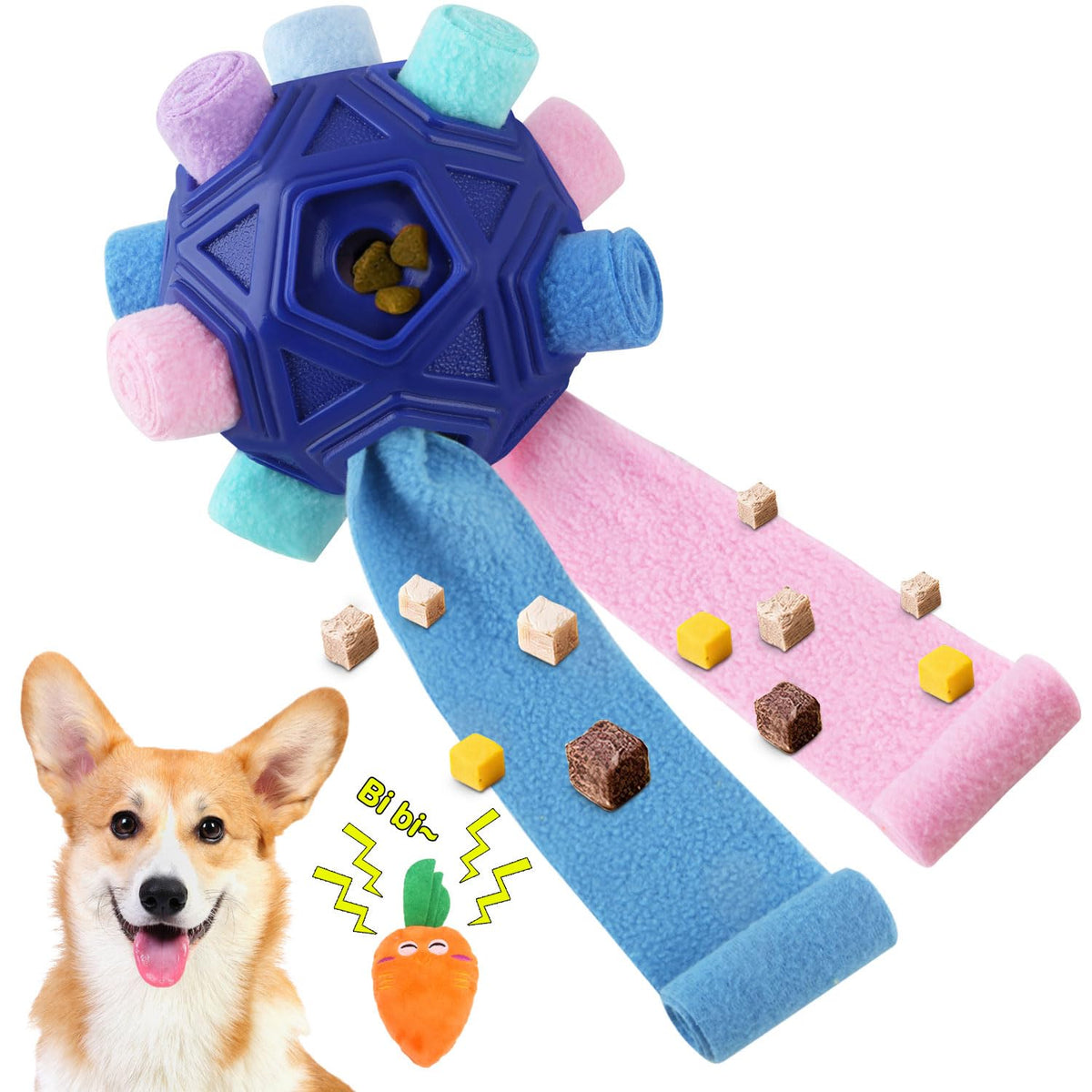 Petration dog snuffle ball outer view with thick cloth strips for slow feeding