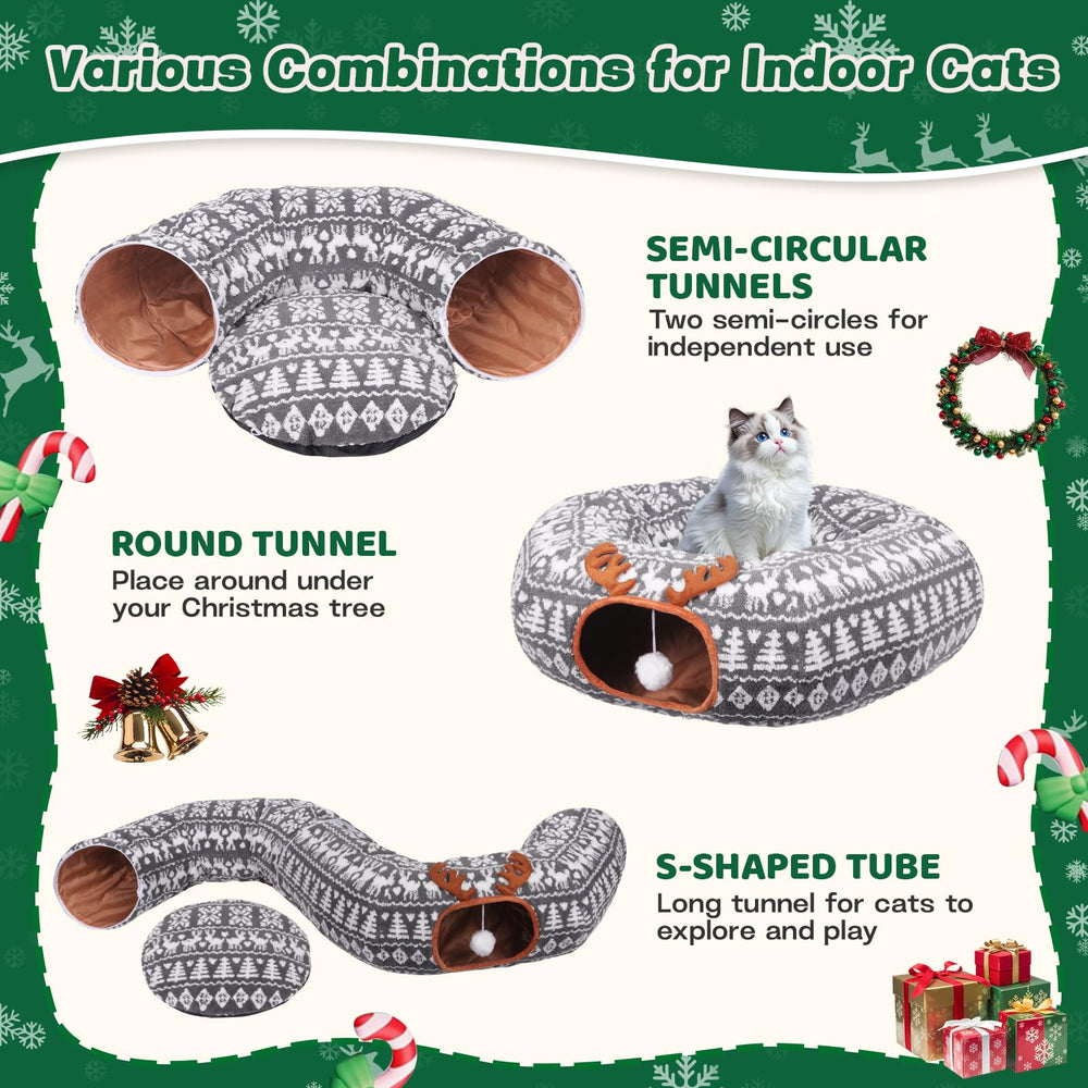 Petrendy Christmas Cat Tunnel Bed with skirt and tree protector offers cozy, holiday-ready play area.