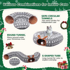 Petrendy Christmas Cat Tunnel Bed with skirt and tree protector offers cozy, holiday-ready play area.