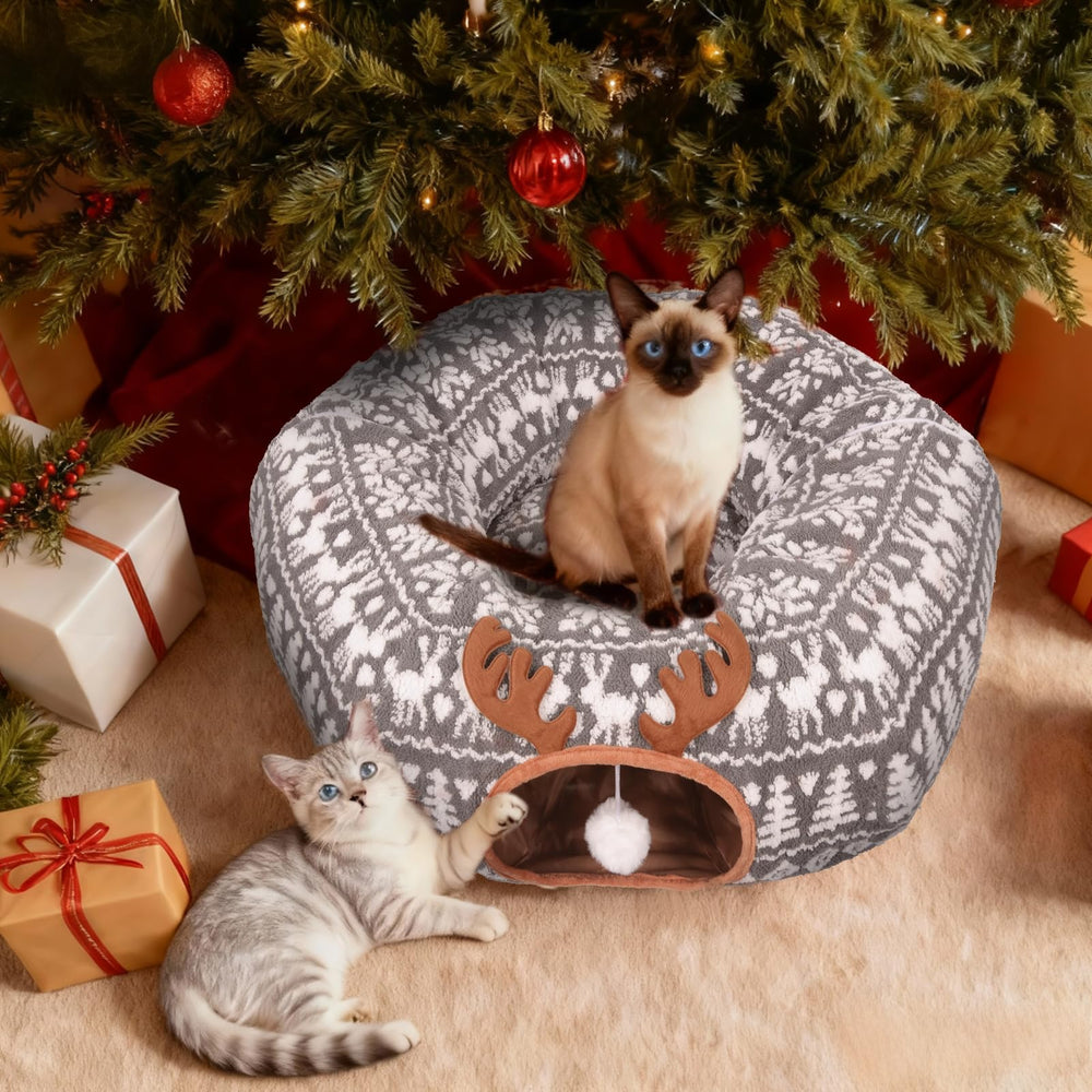 Petrendy Christmas Cat Tunnel Top deer ears add festive decoration and playful charm.