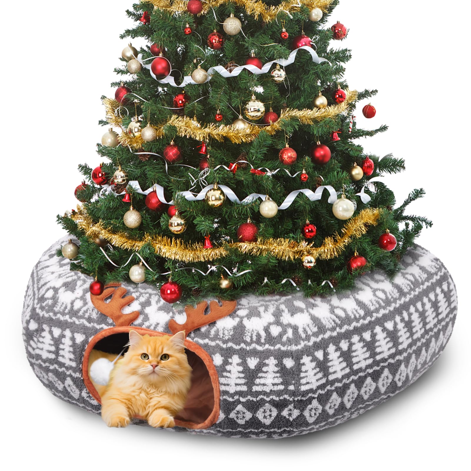 Petrendy Christmas Cat Tunnel Bed under the Christmas tree creates festive shelter and tree protection.