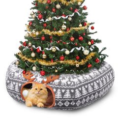 Petrendy Christmas Cat Tunnel Bed under the Christmas tree creates festive shelter and tree protection.