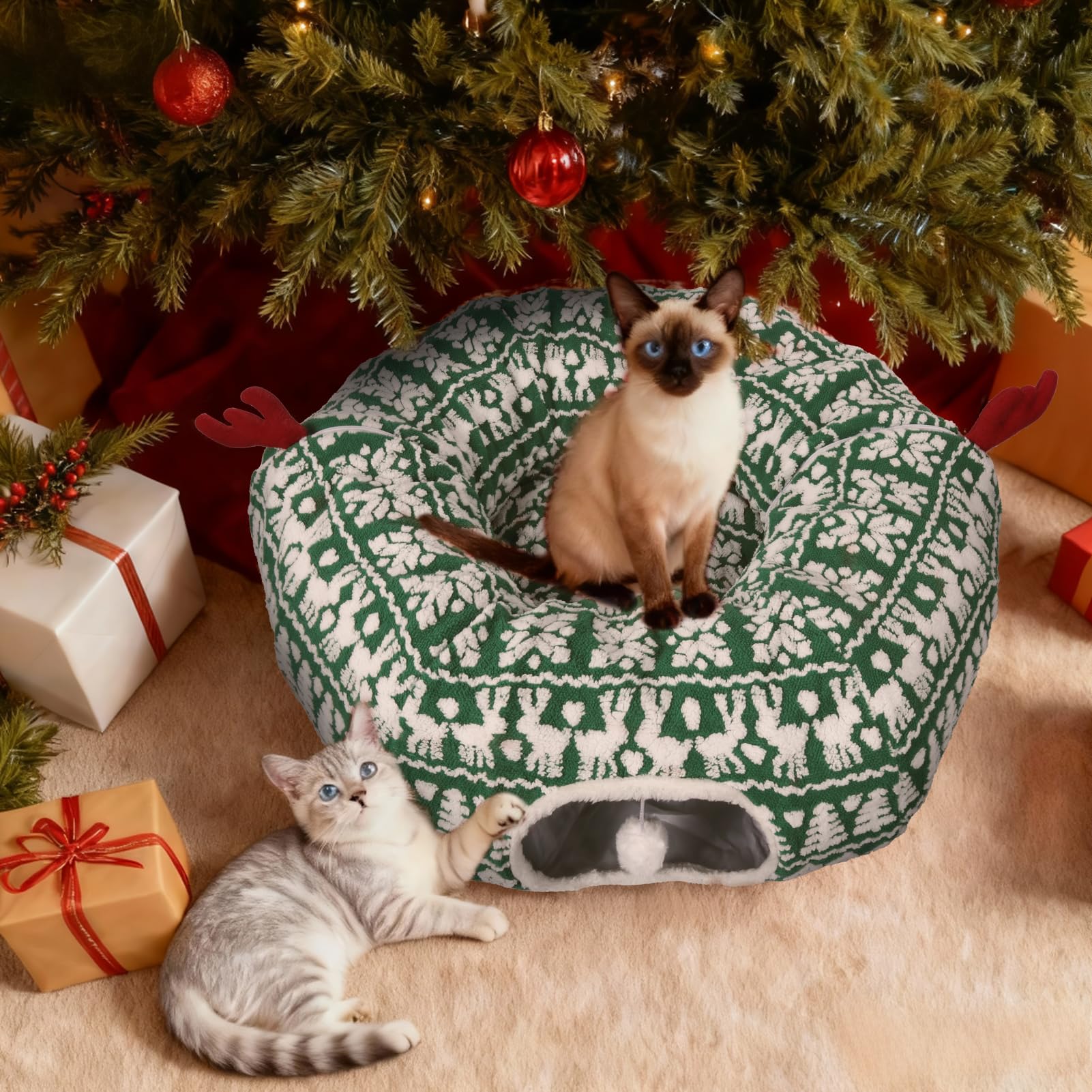 Petrendy Christmas Tree Cat Tunnel donut bed for soft naps and resting space.