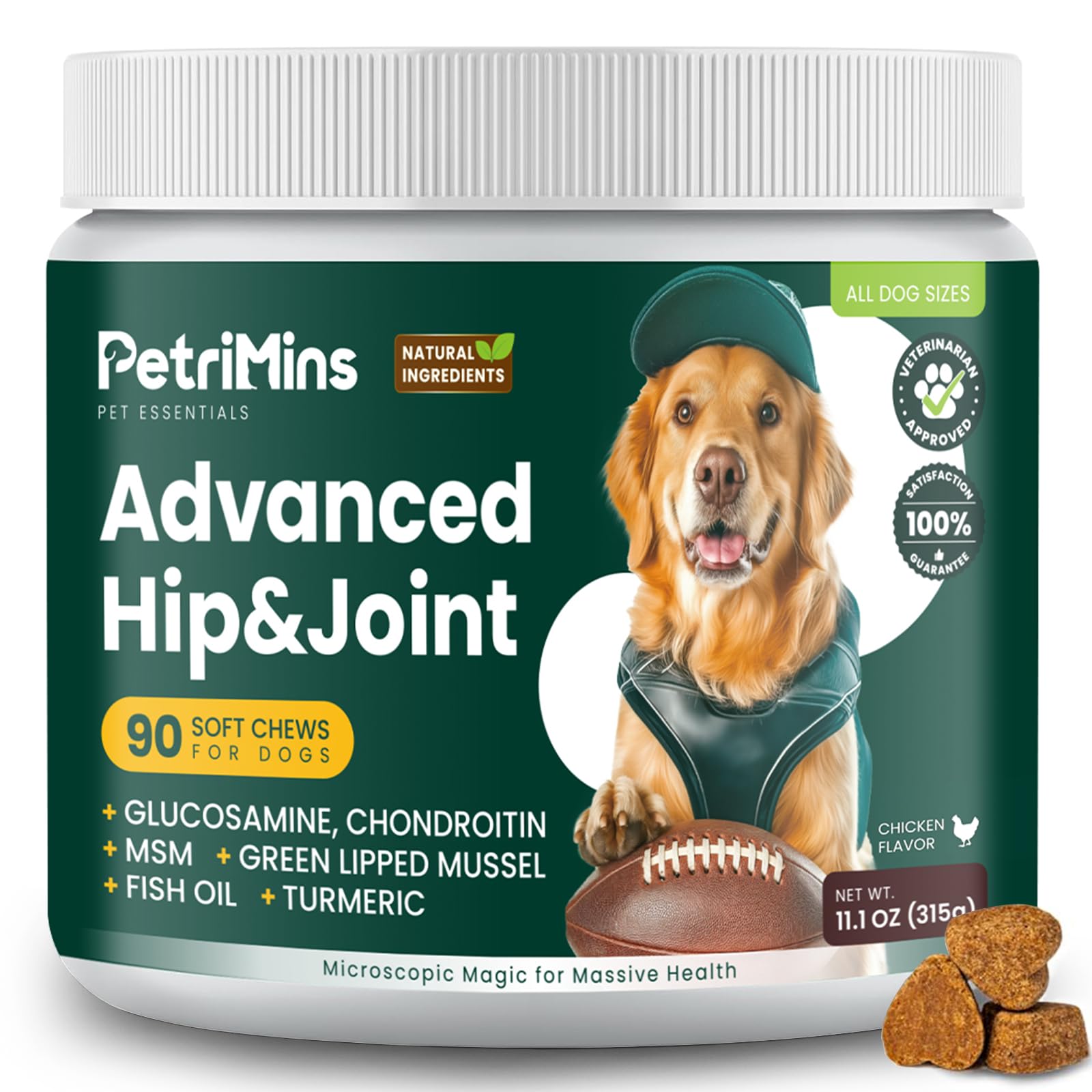 PetriMins Advanced Hip and Joint chews bottle highlights high-strength glucosamine for mobility