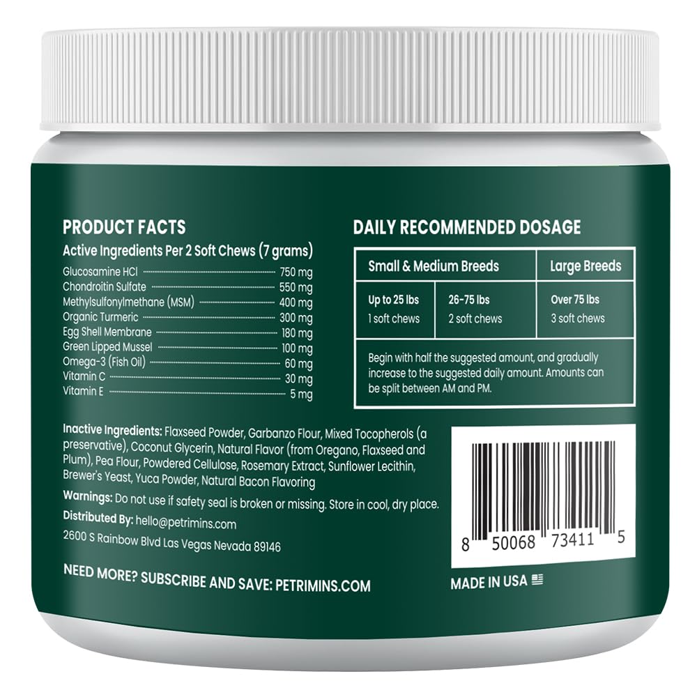 PetriMins ingredients list highlighting glucosamine and chondroitin for joint health