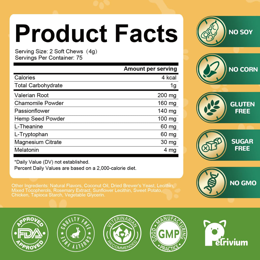 Petrivium 150-count bottle highlights value and consistent calming care.