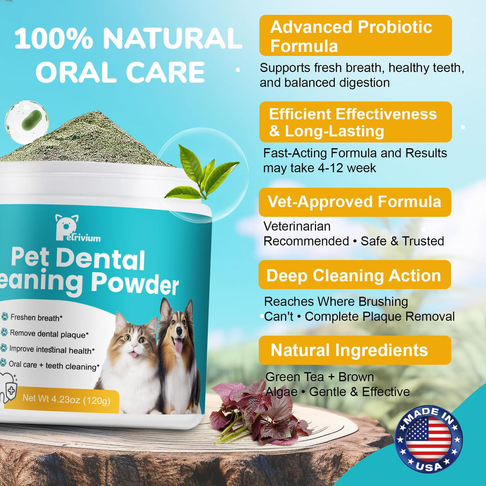 Petrivium dog dental powder being sprinkled into food for easy use.