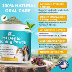 Petrivium dog dental powder being sprinkled into food for easy use.