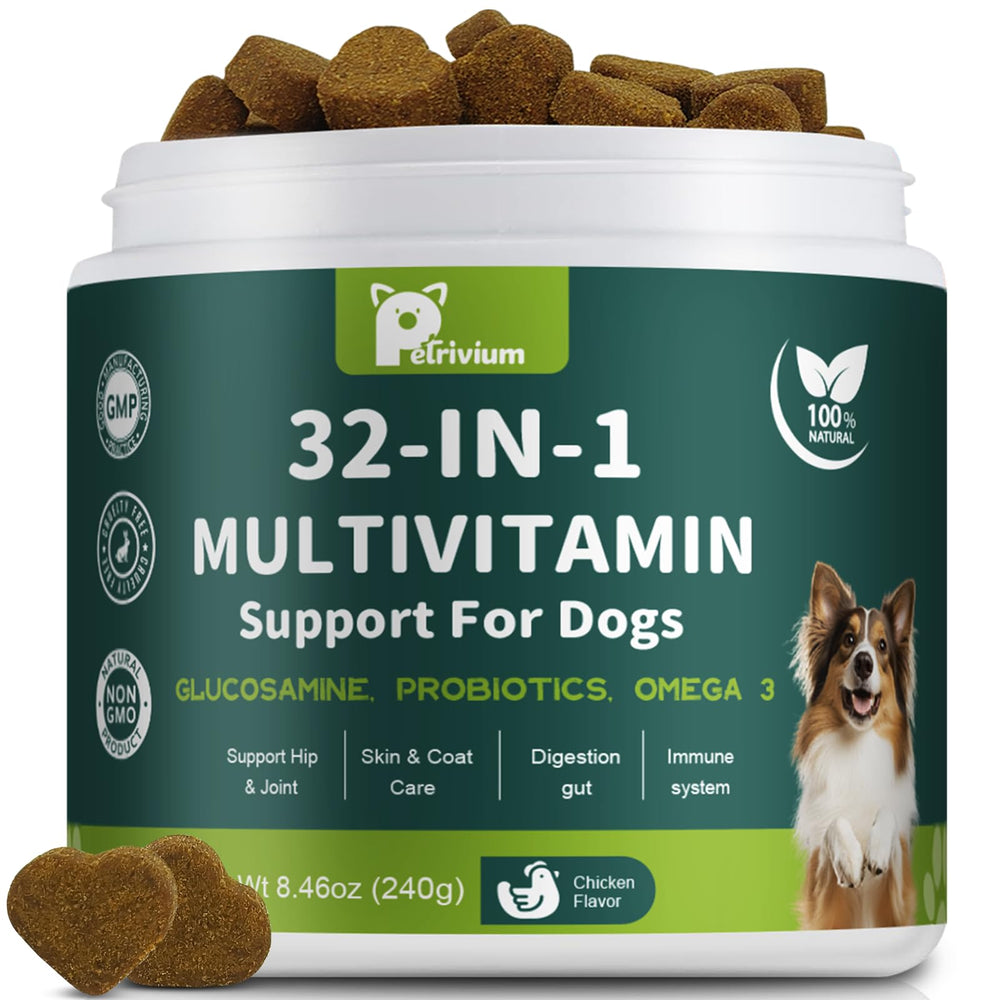Petrivium dog multivitamin packaging shows a 32-in-1 formula for overall pet health.