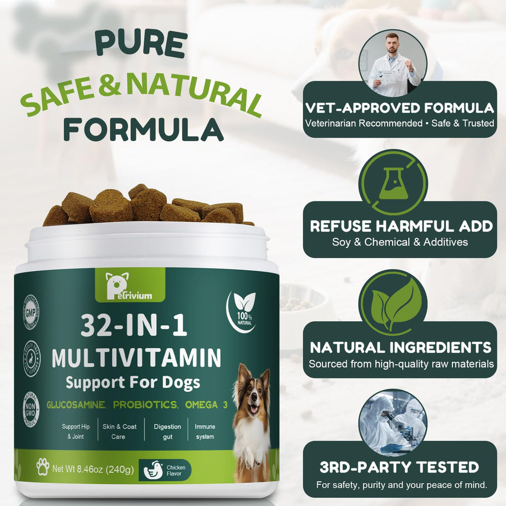 Petrivium dog multivitamin bottle emphasizes convenient daily dosing for dogs.