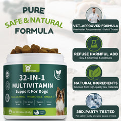 Petrivium dog multivitamin bottle emphasizes convenient daily dosing for dogs.
