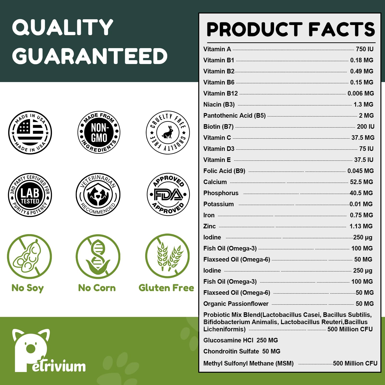 Petrivium dog multivitamin hip joint mobility image conveys activity-friendly formula.