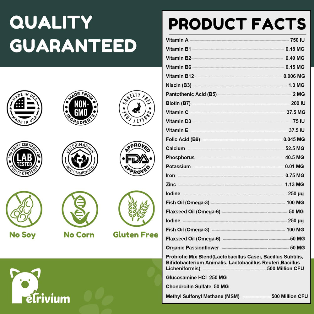 Petrivium dog multivitamin hip joint mobility image conveys activity-friendly formula.