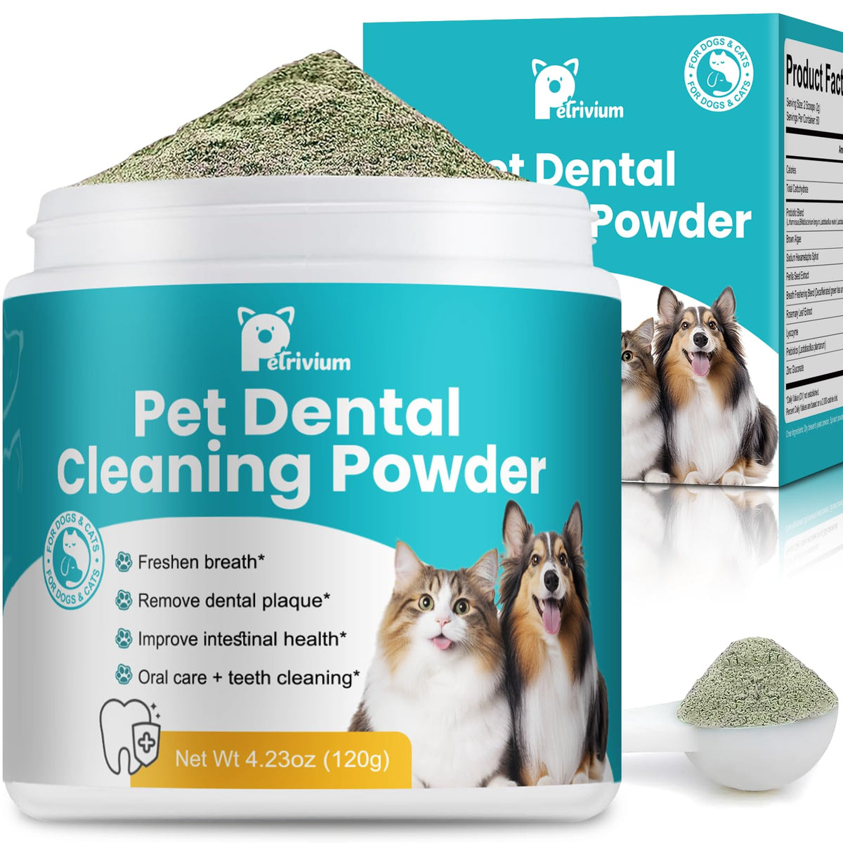 Petrivium dog teeth powder tub 120g for daily dental care and fresh breath.