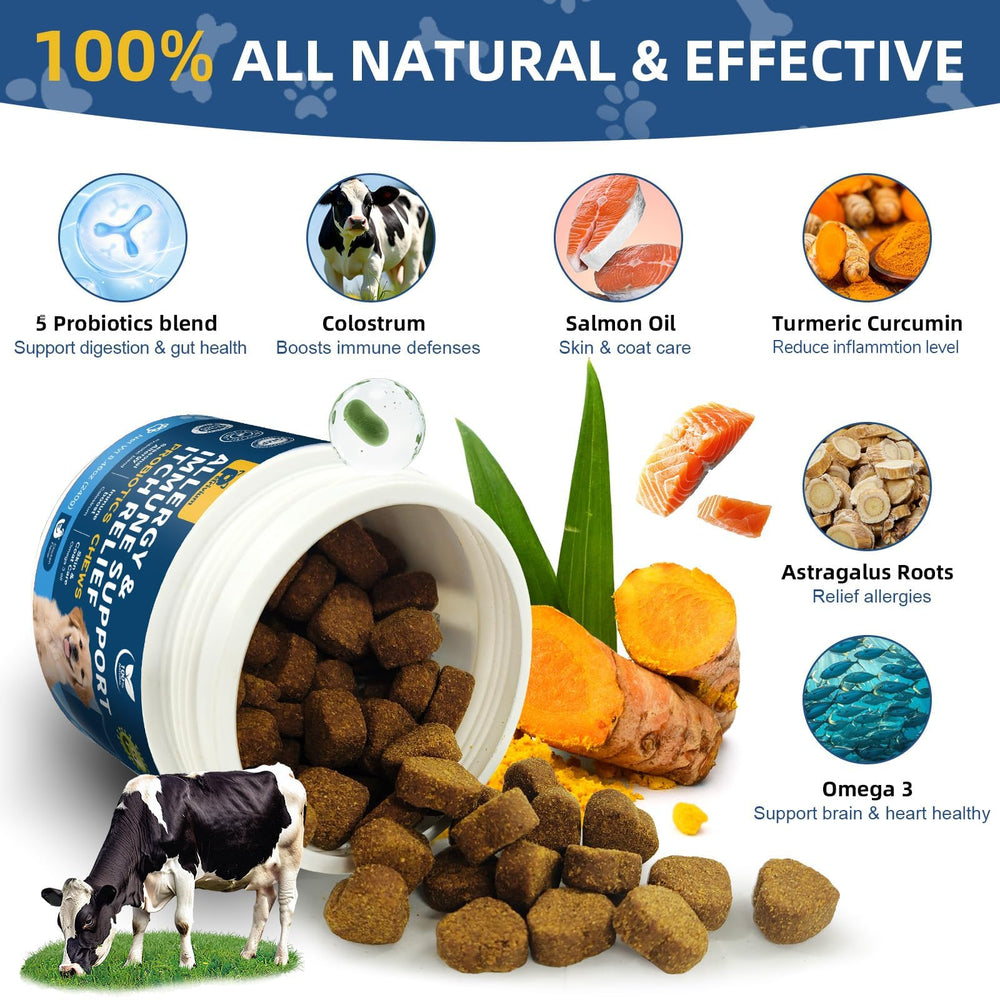Petrivium Dogs Allergy Chews paw-release visual highlights skin comfort support.