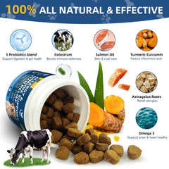 Petrivium Dogs Allergy Chews paw-release visual highlights skin comfort support.